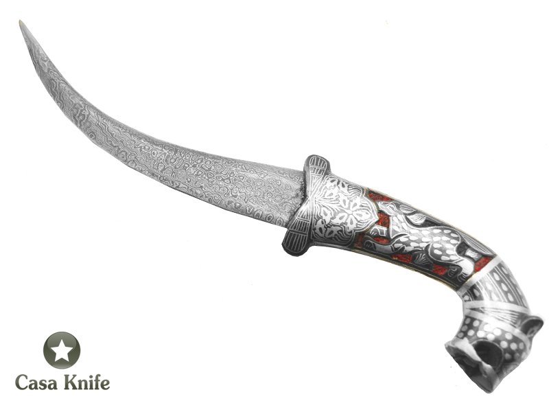 Adaga Indiana em aço damasco com detalhes em prata feita a mão, 28 cm