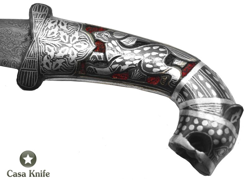 Adaga Indiana em aço damasco com detalhes em prata feita a mão, 28 cm