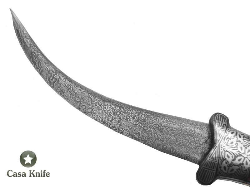 Adaga Indiana em aço damasco com detalhes em prata feita a mão, 28 cm