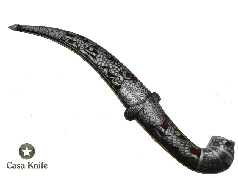 Adaga Indiana em aço damasco com detalhes em prata feita a mão, 28 cm