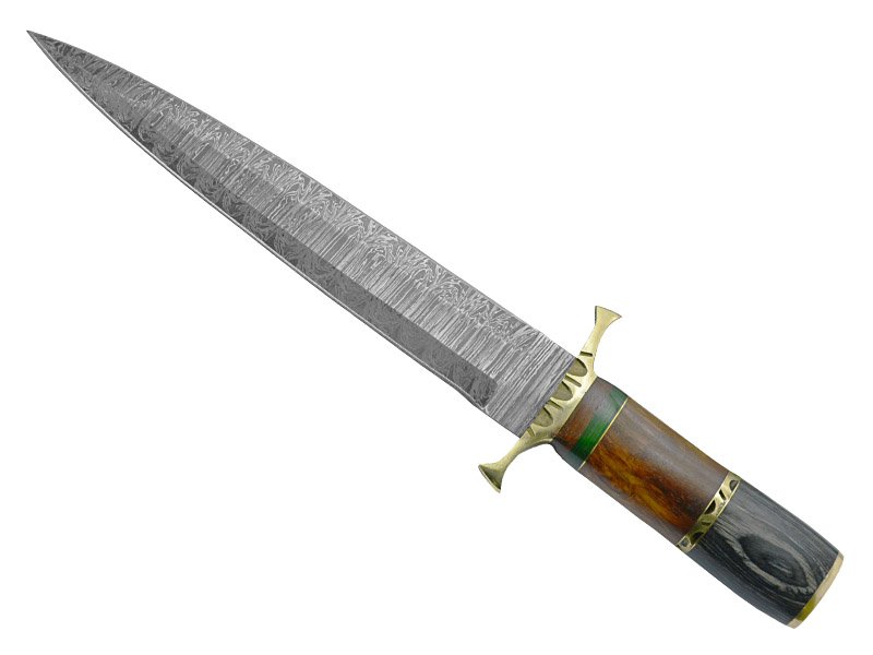 Adaga para colecionador forjada em aço damasco. Empunhadura em rádica de roseira e pakawood, 36 cm