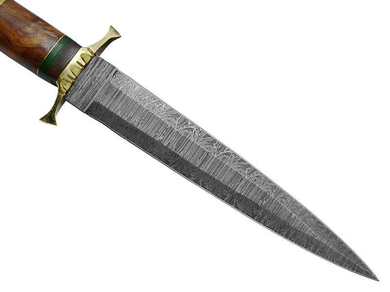 Adaga para colecionador forjada em aço damasco. Empunhadura em rádica de roseira e pakawood, 36 cm