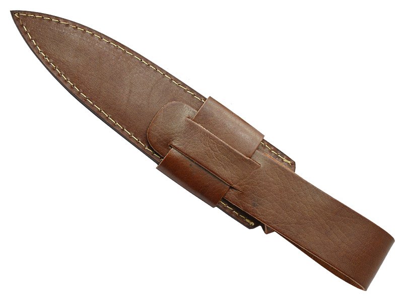 Adaga para colecionador forjada em aço damasco. Empunhadura em rádica de roseira e pakawood, 36 cm