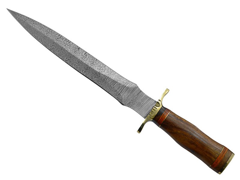 Adaga para colecionador forjada em aço damasco. Empunhadura em rádica de roseira e pakawood, 37 cm