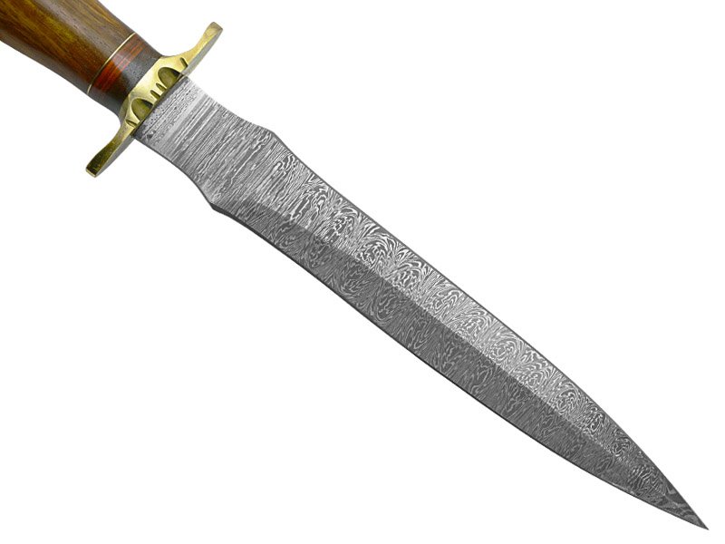 Adaga para colecionador forjada em aço damasco. Empunhadura em rádica de roseira e pakawood, 37 cm