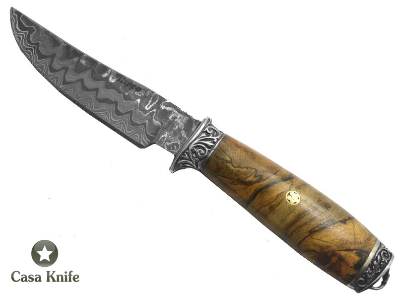 Adelar Filippon Faca para colecionador forjada em aço damasco, com empunhadura em Spalted Platano Estabilizado, 27 cm