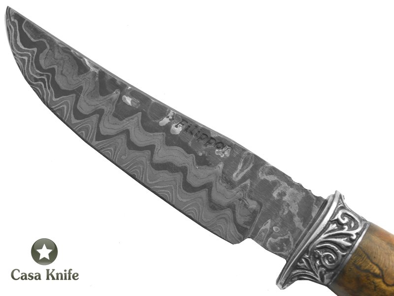 Adelar Filippon Faca para colecionador forjada em aço damasco, com empunhadura em Spalted Platano Estabilizado, 27 cm