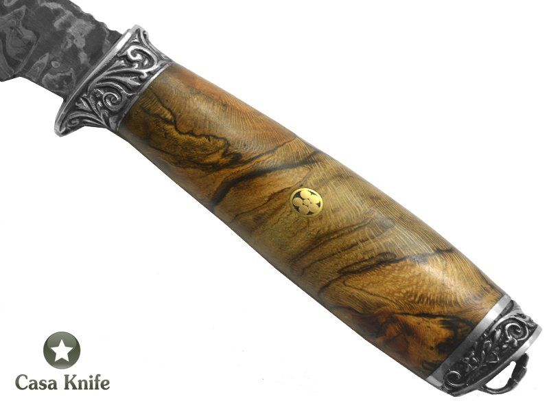 Adelar Filippon Faca para colecionador forjada em aço damasco, com empunhadura em Spalted Platano Estabilizado, 27 cm