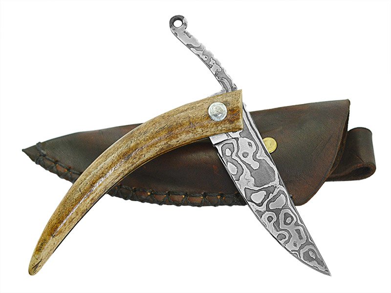 Adelar Filippon Canivete Friction Folder para colecionador em aço damasco. Empunhadura em chifre de cervo, 19 cm