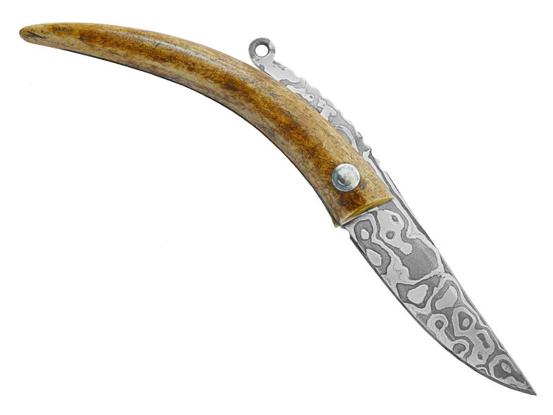 Adelar Filippon Canivete Friction Folder para colecionador em aço damasco. Empunhadura em chifre de cervo, 19 cm
