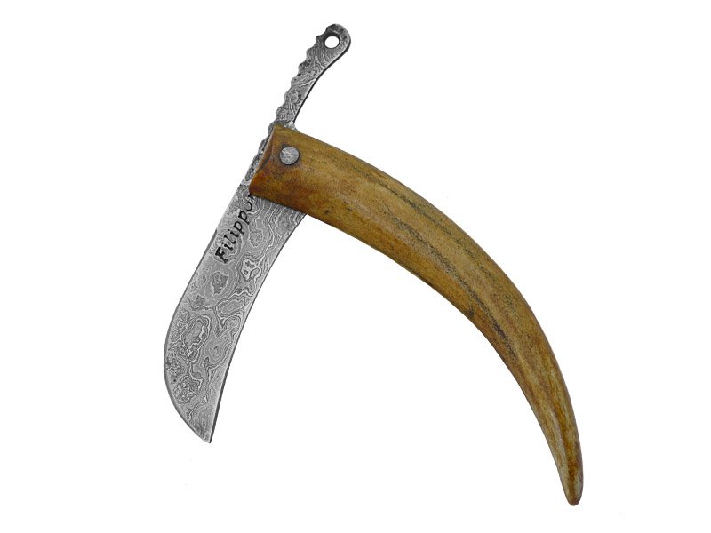 Adelar Filippon Canivete Friction Folder para colecionador em aço damasco. Empunhadura em chifre de cervo, 18 cm