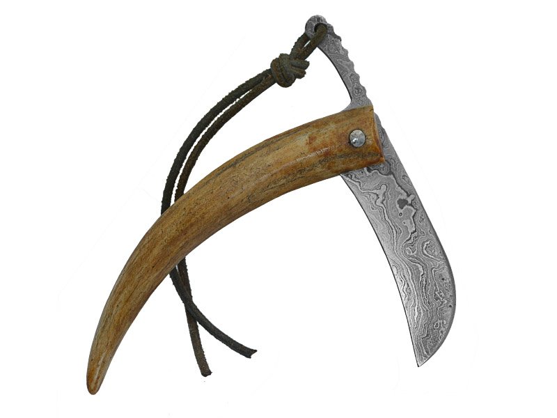 Adelar Filippon Canivete Friction Folder para colecionador em aço damasco. Empunhadura em chifre de cervo, 18 cm