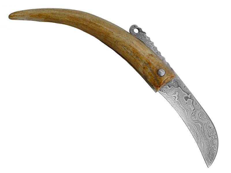 Adelar Filippon Canivete Friction Folder para colecionador em aço damasco. Empunhadura em chifre de cervo, 18 cm