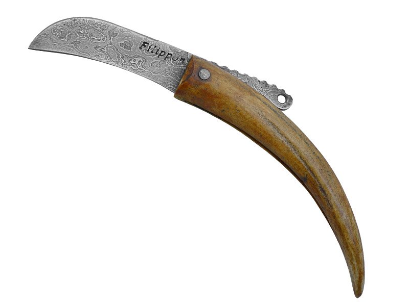 Adelar Filippon Canivete Friction Folder para colecionador em aço damasco. Empunhadura em chifre de cervo, 18 cm