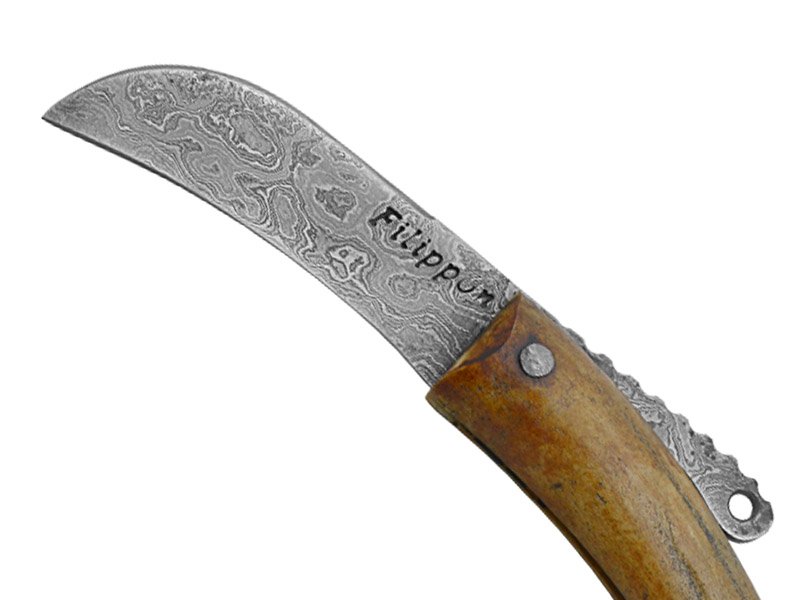 Adelar Filippon Canivete Friction Folder para colecionador em aço damasco. Empunhadura em chifre de cervo, 18 cm