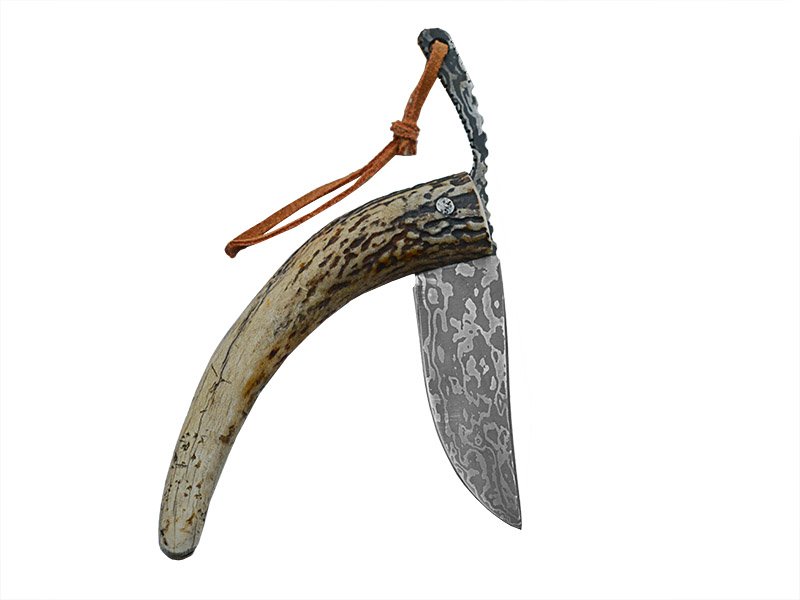Adelar Filippon Canivete Friction Folder para colecionador em aço damasco. Empunhadura em chifre de cervo, 21 cm
