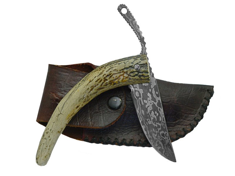 Adelar Filippon Canivete Friction Folder para colecionador em aço damasco. Empunhadura em chifre de cervo, 21 cm