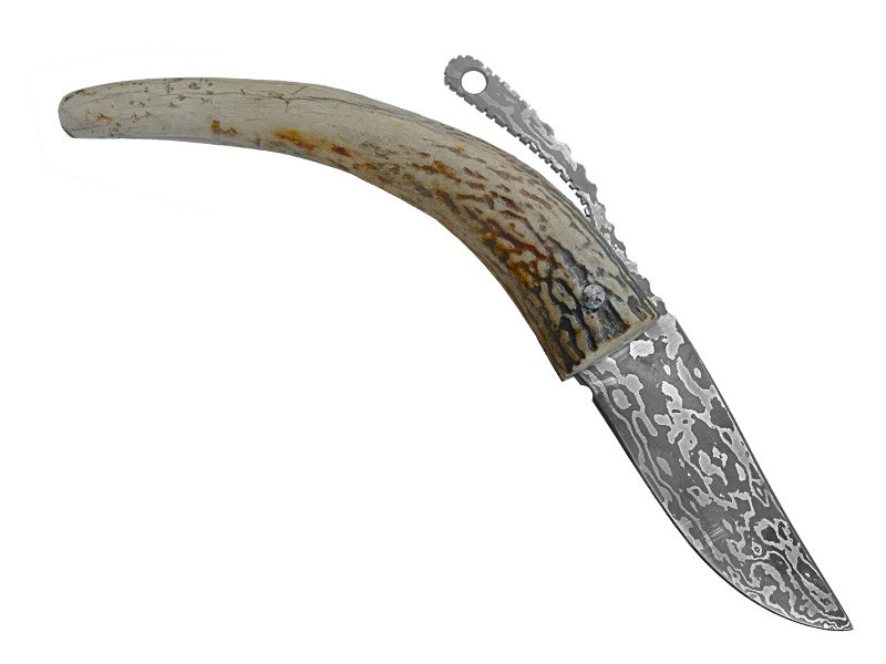 Adelar Filippon Canivete Friction Folder para colecionador em aço damasco. Empunhadura em chifre de cervo, 21 cm