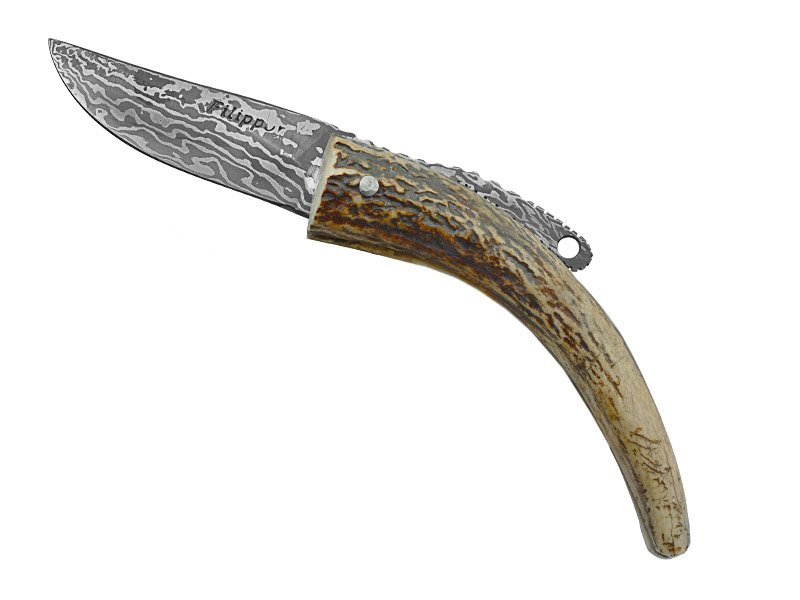 Adelar Filippon Canivete Friction Folder para colecionador em aço damasco. Empunhadura em chifre de cervo, 21 cm