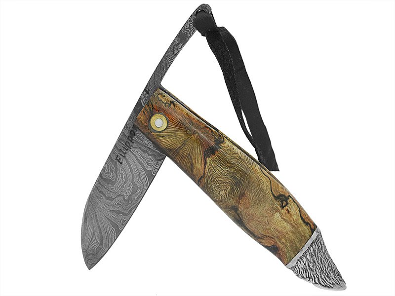 Adelar Filippon Canivete Friction Folder para colecionador em aço damasco. Empunhadura Spalted de plátano estabilizado, 21 cm