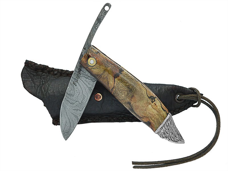 Adelar Filippon Canivete Friction Folder para colecionador em aço damasco. Empunhadura Spalted de plátano estabilizado, 21 cm