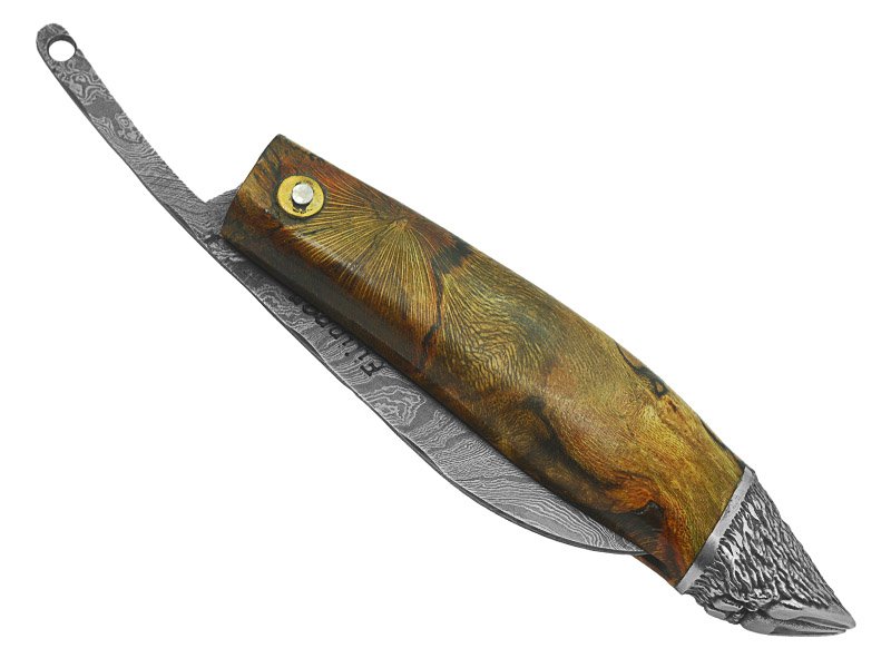 Adelar Filippon Canivete Friction Folder para colecionador em aço damasco. Empunhadura Spalted de plátano estabilizado, 21 cm