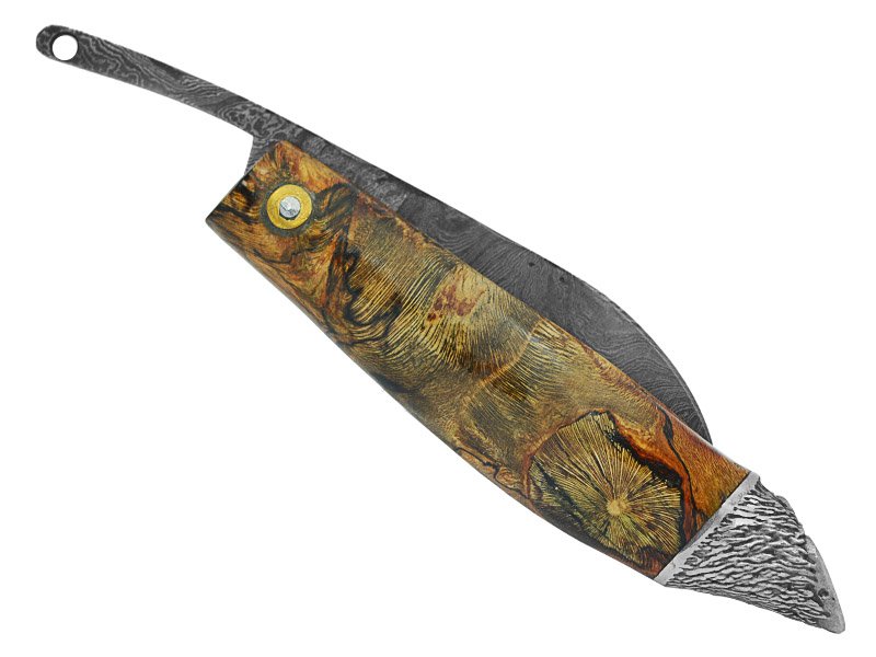 Adelar Filippon Canivete Friction Folder para colecionador em aço damasco. Empunhadura Spalted de plátano estabilizado, 21 cm