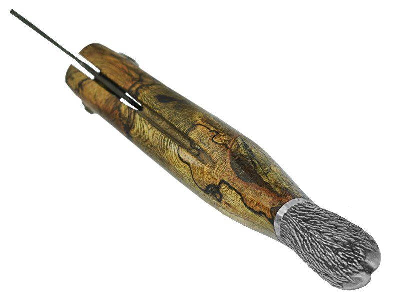 Adelar Filippon Canivete Friction Folder para colecionador em aço damasco. Empunhadura Spalted de plátano estabilizado, 21 cm
