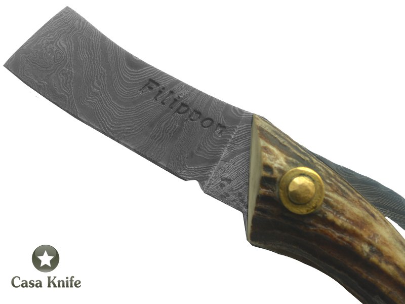 Adelar Filippon Canivete Friction Folder para colecionador em aço damasco com empunhadura em chifre de cervo, 15 cm