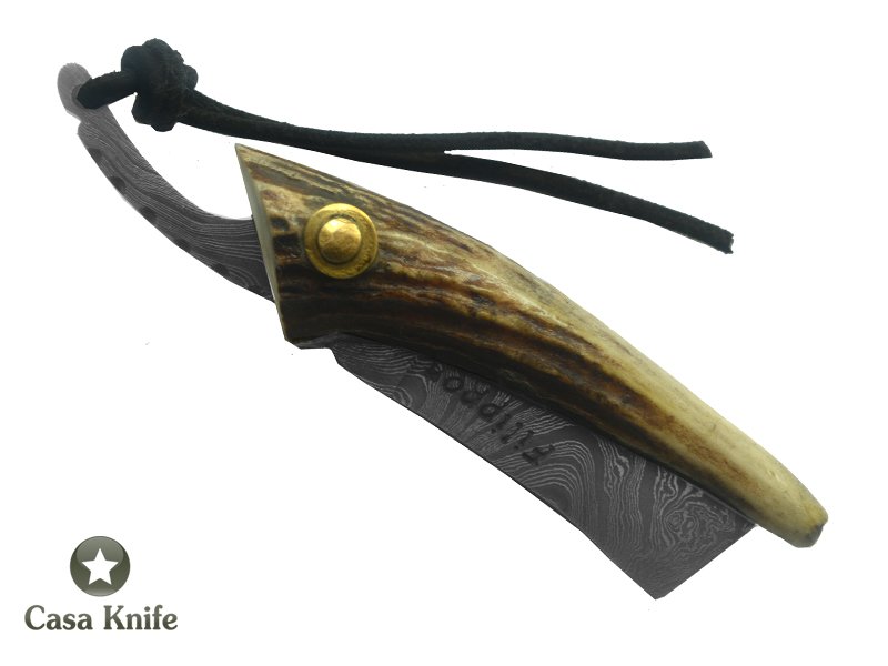 Adelar Filippon Canivete Friction Folder para colecionador em aço damasco com empunhadura em chifre de cervo, 15 cm
