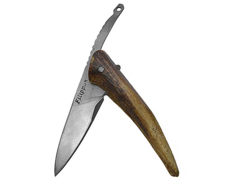 Adelar Filippon Canivete Friction Folder para colecionador em aço san mai. Empunhadura em chifre de cervo, 19 cm