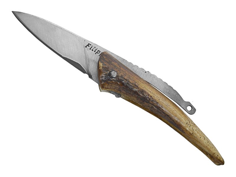 Adelar Filippon Canivete Friction Folder para colecionador em aço san mai. Empunhadura em chifre de cervo, 19 cm