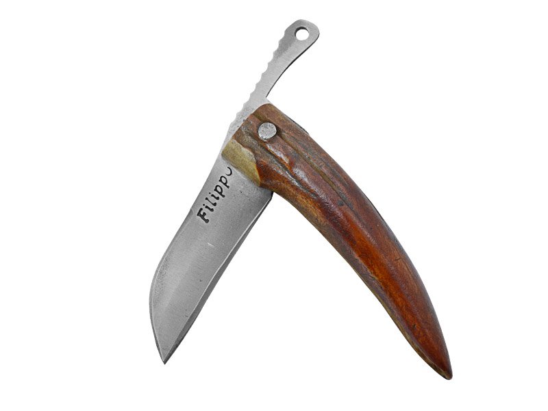 Adelar Filippon Canivete Friction Folder para colecionador em aço san mai. Empunhadura em chifre de cervo, 16 cm