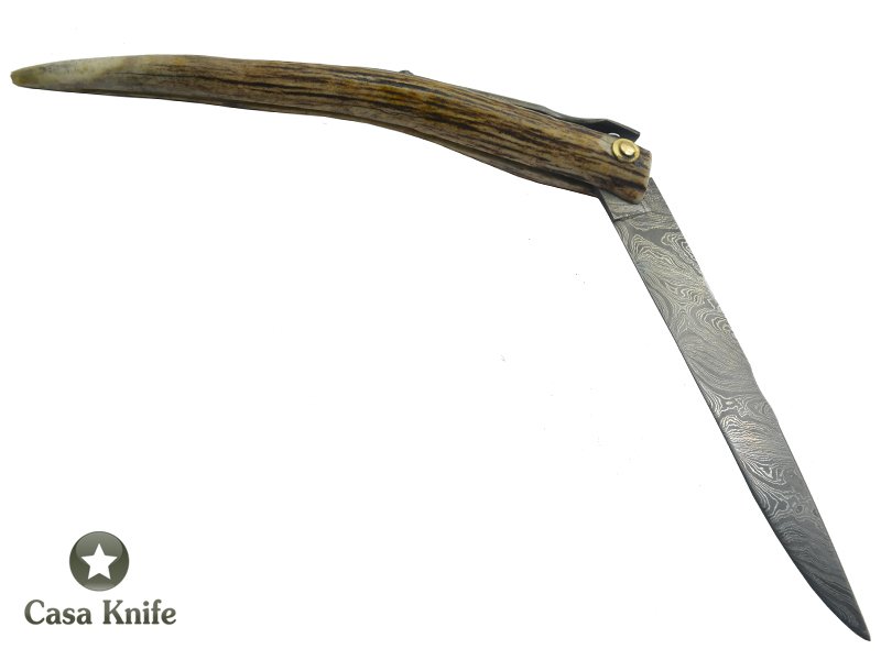Adelar Filippon Canivete gigante para colecionador em aço damasco com empunhadura em chifre de cervo, 44 cm