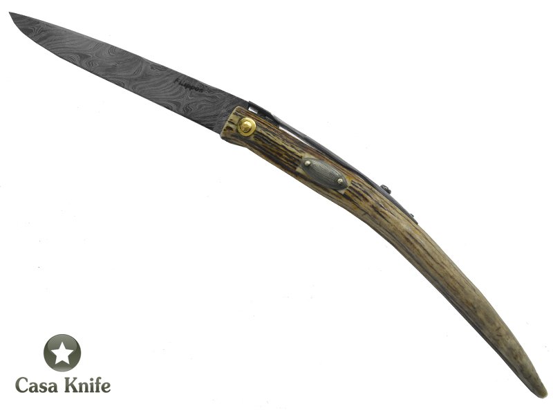 Adelar Filippon Canivete gigante para colecionador em aço damasco com empunhadura em chifre de cervo, 44 cm