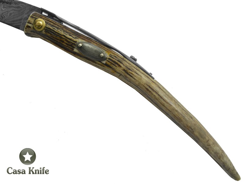 Adelar Filippon Canivete gigante para colecionador em aço damasco com empunhadura em chifre de cervo, 44 cm
