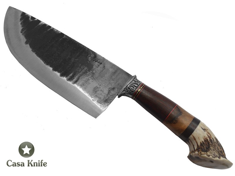 Adelar Filippon cutelo para colecionador forjado em aço C- 75. Empunhadura em Cedro madeira Estabilizada e uma linda Roseta de cervo, 35 cm