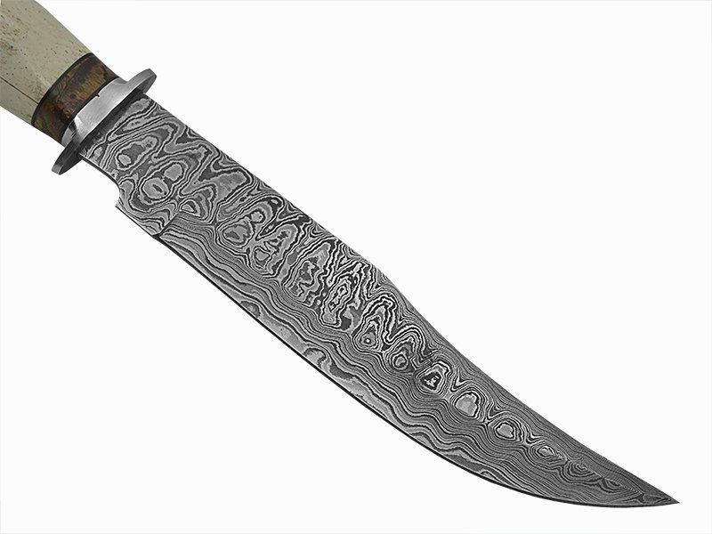 Adelar Filippon faca bowie para colecionador forjada em aço damasco. Empunhadura em canela de boi, 34 cm