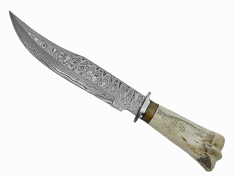 Adelar Filippon faca bowie para colecionador forjada em aço damasco. Empunhadura em canela de boi, 34 cm