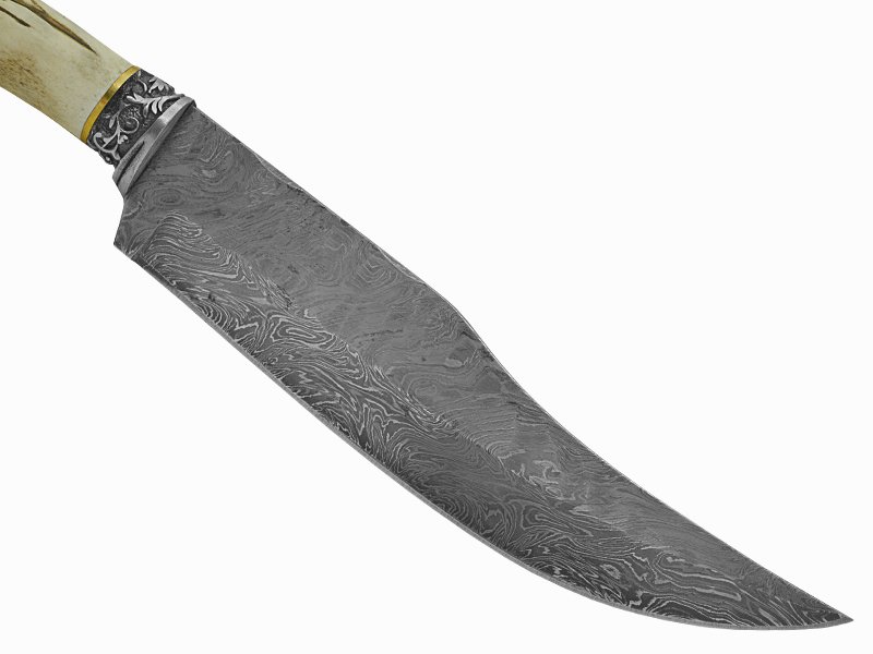 Adelar Filippon faca bowie para colecionador forjada em aço damasco. Empunhadura em chifre de cervo, 32 cm
