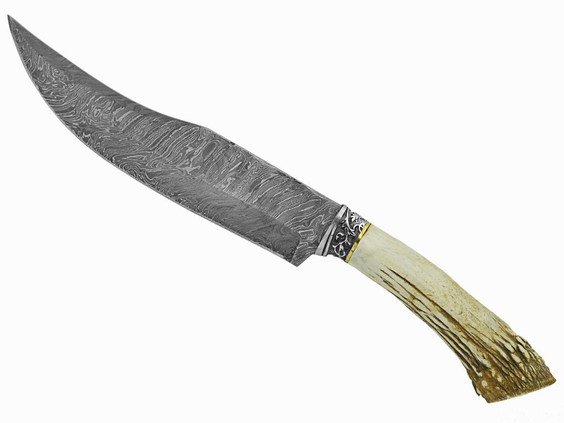 Adelar Filippon faca bowie para colecionador forjada em aço damasco. Empunhadura em chifre de cervo, 32 cm