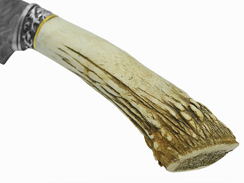 Adelar Filippon faca bowie para colecionador forjada em aço damasco. Empunhadura em chifre de cervo, 32 cm