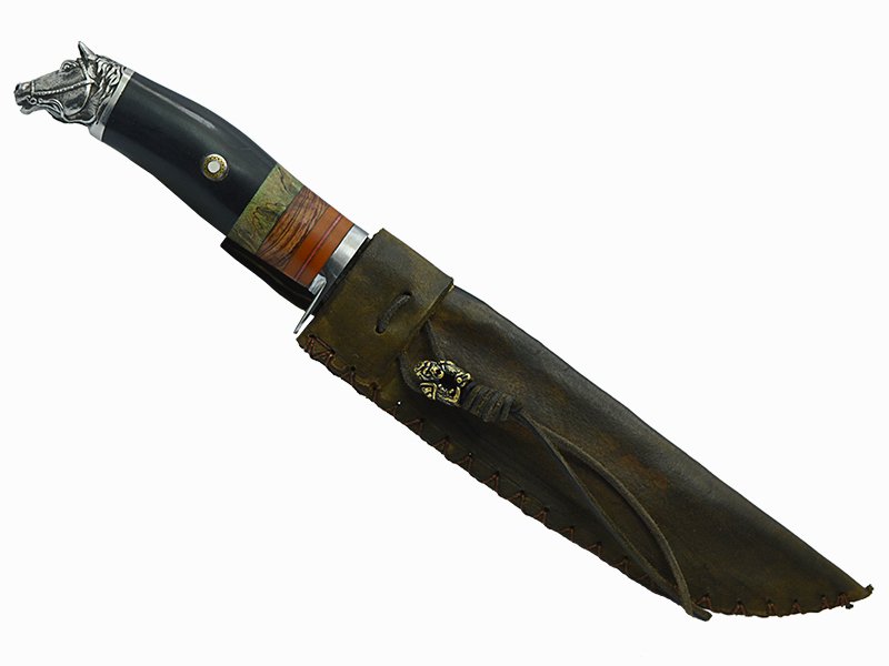 Adelar Filippon faca bowie para colecionador forjada em aço damasco. Empunhadura em osso de boi, 35 cm