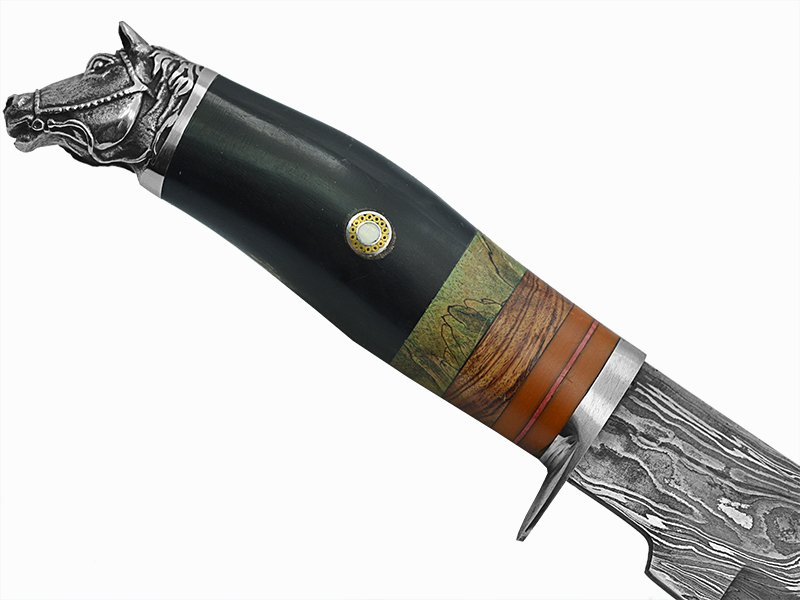 Adelar Filippon faca bowie para colecionador forjada em aço damasco. Empunhadura em osso de boi, 35 cm