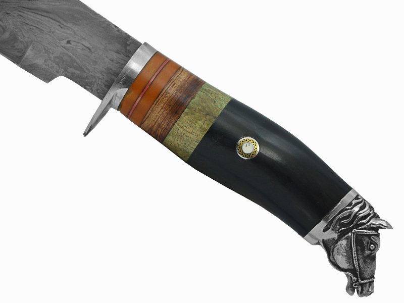Adelar Filippon faca bowie para colecionador forjada em aço damasco. Empunhadura em osso de boi, 35 cm
