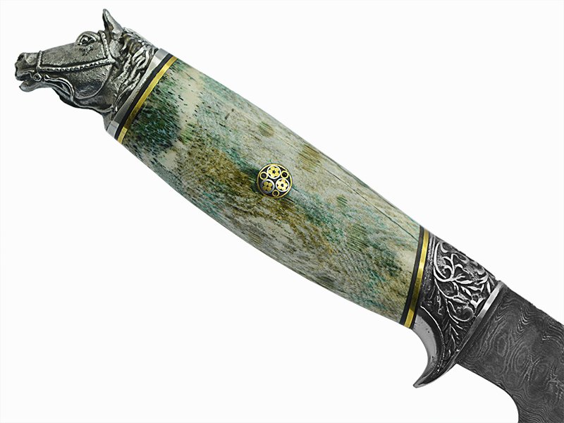 Adelar Filippon faca bowie para colecionador forjada em aço damasco. Empunhadura em osso de boi estabilizado, 38 cm