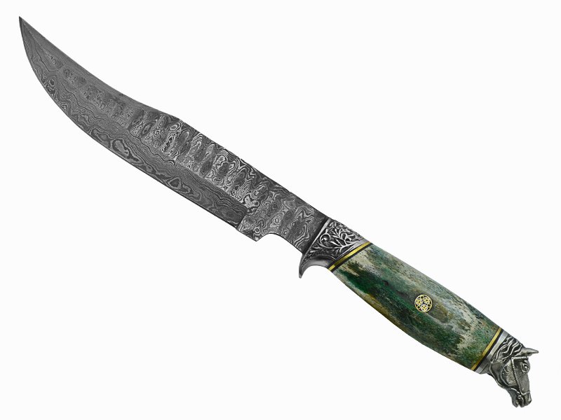 Adelar Filippon faca bowie para colecionador forjada em aço damasco. Empunhadura em osso de boi estabilizado, 38 cm