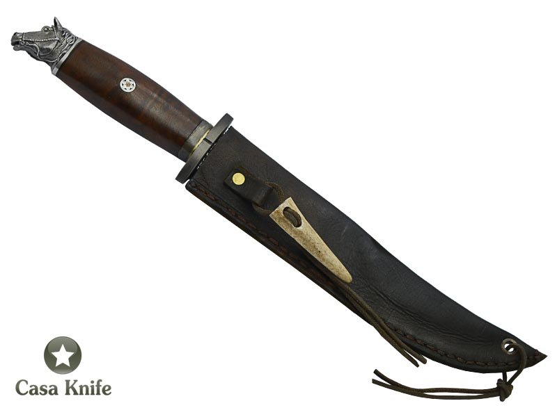 Adelar Filippon faca Bowie para colecionador forjada em Aço Damasco. Empunhadura em Rádica de Roseira Estabilizada, 36 cm.