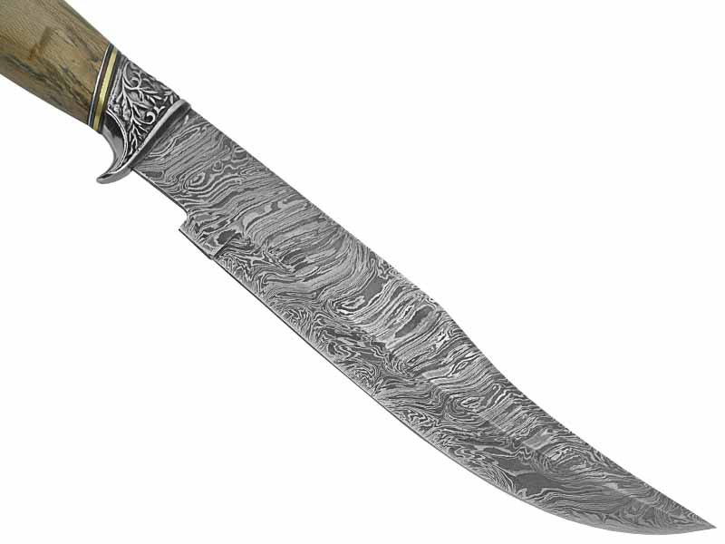 Adelar Filippon faca Bowie para colecionador forjada em Aço Damasco. Empunhadura em Spalted de plátano estabilizado, 35 cm