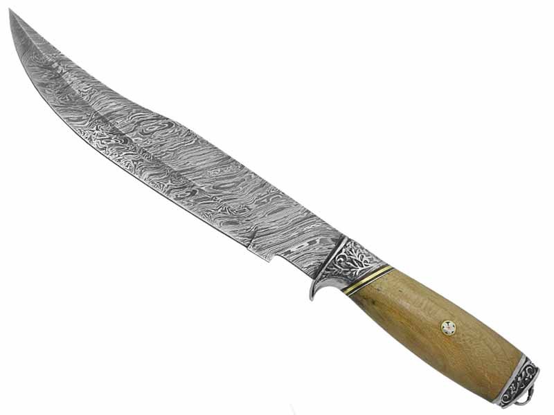 Adelar Filippon faca Bowie para colecionador forjada em Aço Damasco. Empunhadura em Spalted de plátano estabilizado, 35 cm